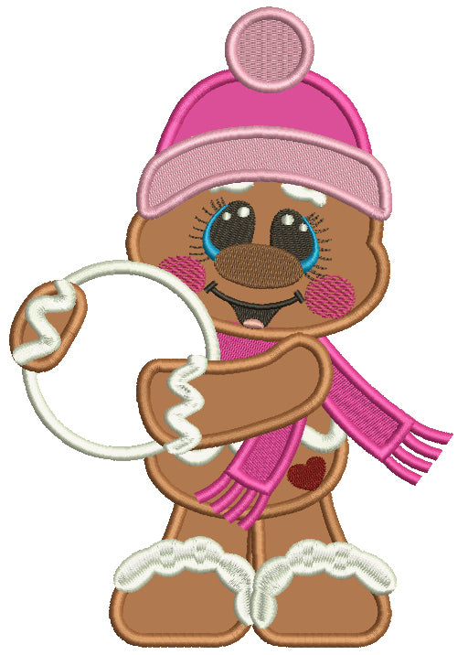 Gingerbread Man Holding a Snow Ball Christmas Applique Machine Embroidery Design Digitized Pattern