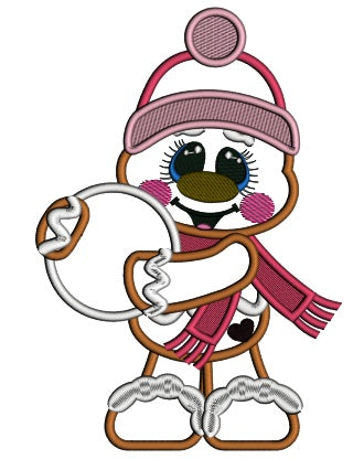 Gingerbread Man Holding a Snow Ball Christmas Applique Machine Embroidery Design Digitized Pattern