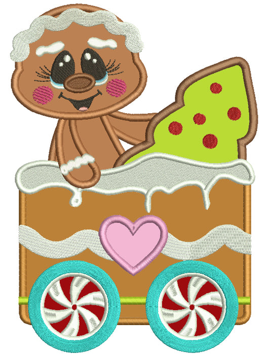 Gingerbread Man Inside Wagon With Christmas Tree Applique Christmas Machine Embroidery Design Digitized Pattern