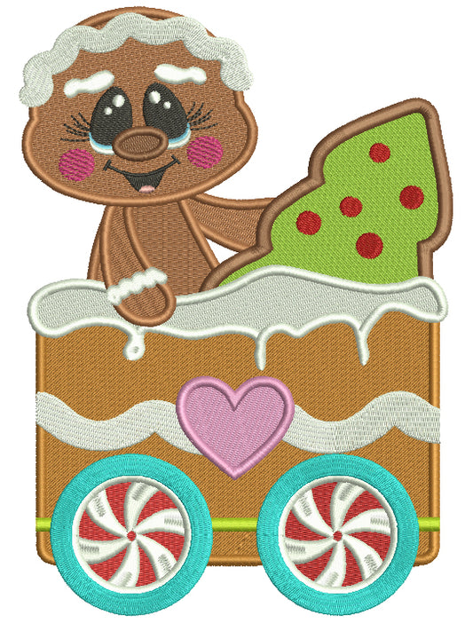 Gingerbread Man Inside Wagon With Christmas Tree Filled Christmas Machine Embroidery Design Digitized Pattern