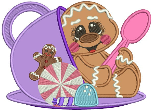 Gingerbread Man Inside a Cup Christmas Applique Machine Embroidery Design Digitized Pattern
