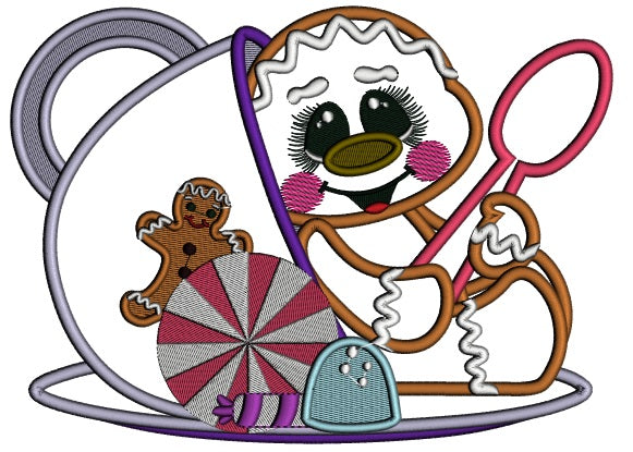 Gingerbread Man Inside a Cup Christmas Applique Machine Embroidery Design Digitized Pattern