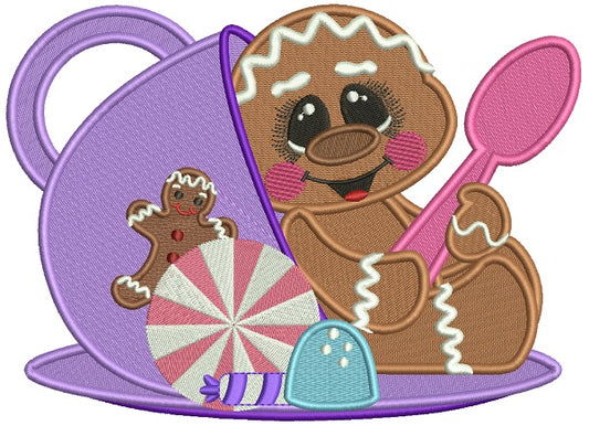 Gingerbread Man Inside a Cup Christmas Filled Machine Embroidery Design Digitized Pattern