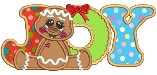 Gingerbread Man JOY With a Ribbon Christmas Applique Machine Embroidery Design Digitized Pattern
