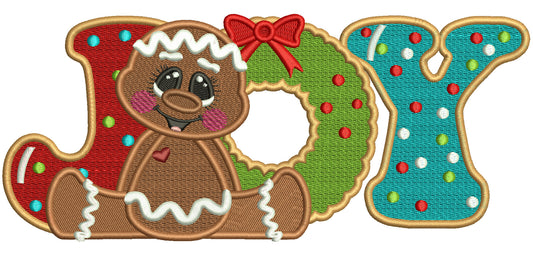 Gingerbread Man JOY With a Ribbon Christmas Filled Machine Embroidery Design Digitized Pattern