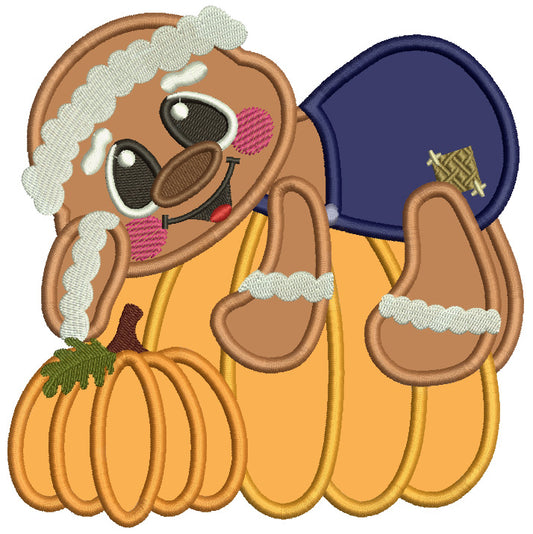 Gingerbread Man Laying On A Huge Pumpkin Fall Applique Machine Embroidery Design Digitized Pattern