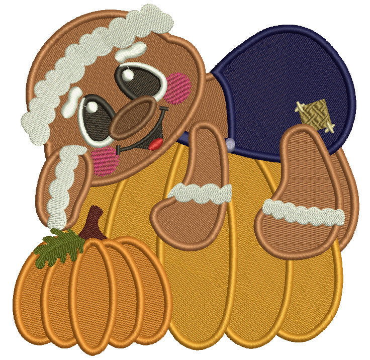 Gingerbread Man Laying On A Huge Pumpkin Fall Filled Machine Embroidery Design Digitized Pattern
