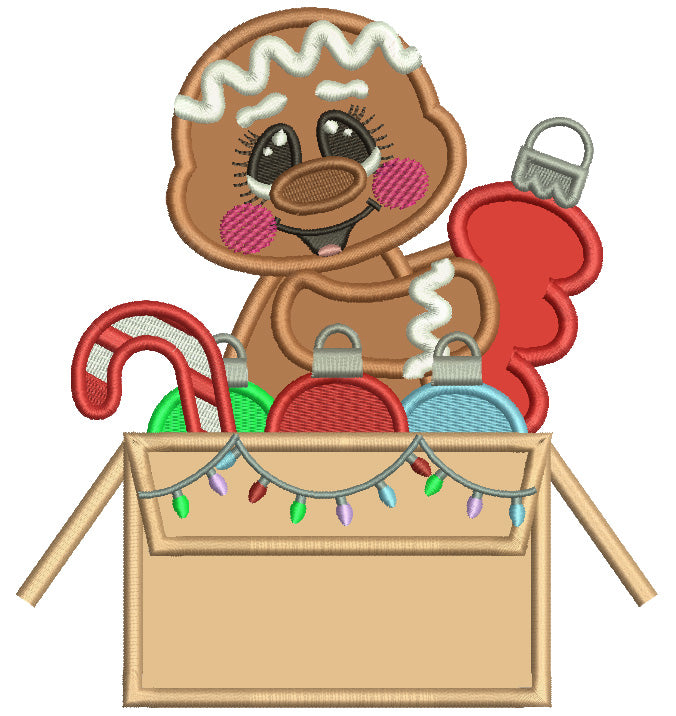 Gingerbread Man Sitting In The Box Holding Christmas Decorations Applique Machine Embroidery Design Digitized Pattern