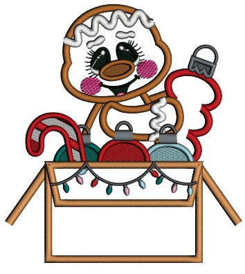 Gingerbread Man Sitting In The Box Holding Christmas Decorations Applique Machine Embroidery Design Digitized Pattern