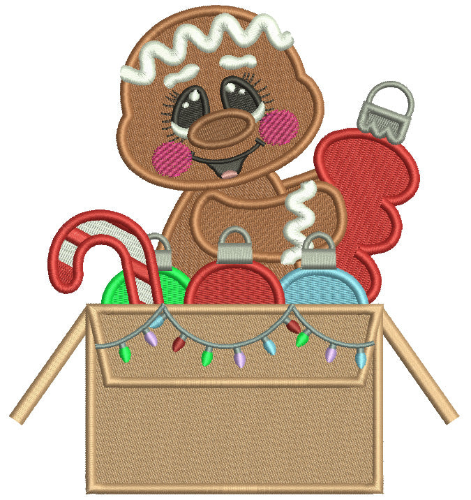 Gingerbread Man Sitting In The Box Holding Christmas Decorations Filled Machine Embroidery Design Digitized Pattern