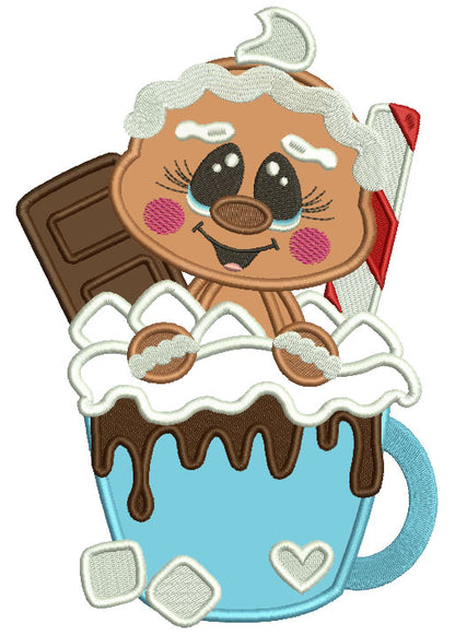 Gingerbread Man Sitting Inside Cocoa Cup Applique Christmas Machine Embroidery Design Digitized Pattern