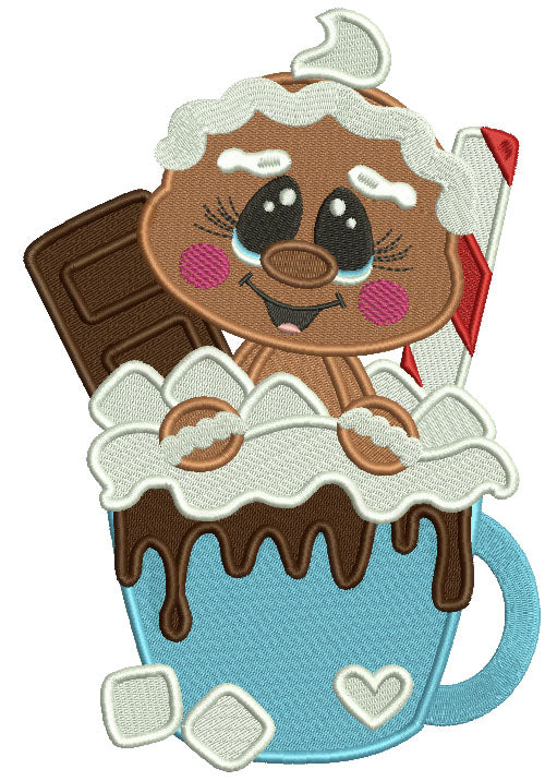 Gingerbread Man Sitting Inside Cocoa Cup Filled Christmas Machine Embroidery Design Digitized Pattern