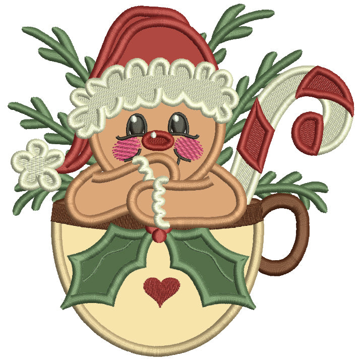 Gingerbread Man Sitting Inside Cup Wearing Santa Hat Christmas Applique Machine Embroidery Design Digitized Pattern