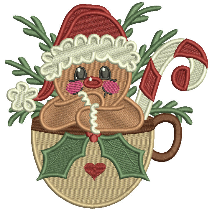 Gingerbread Man Sitting Inside Cup Wearing Santa Hat Christmas Filled Machine Embroidery Design Digitized Pattern