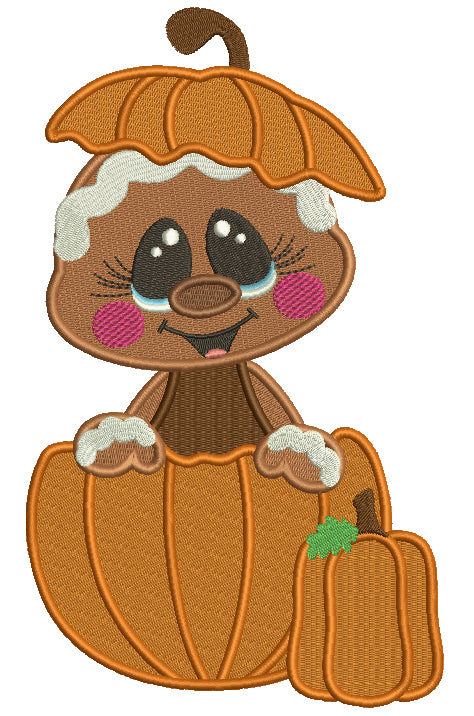 Gingerbread Man Sitting Inside a Pumpkin Fall Thanksgiving Filled Machine Embroidery Design Digitized Pattern