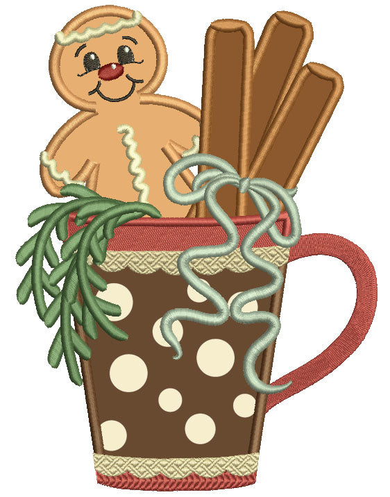Gingerbread Man Sitting Inside the Cup Christmas Applique Machine Embroidery Design Digitized Pattern