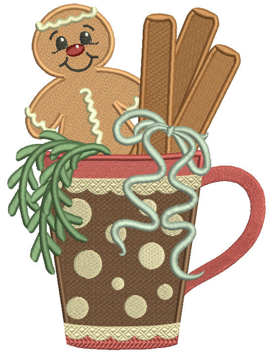 Gingerbread Man Sitting Inside the Cup Christmas Filled Machine Embroidery Design Digitized Pattern