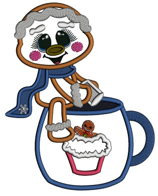 Gingerbread Man Sitting On The Cup Of Hot Cocoa Christmas Applique Machine Embroidery Design Digitized Pattern