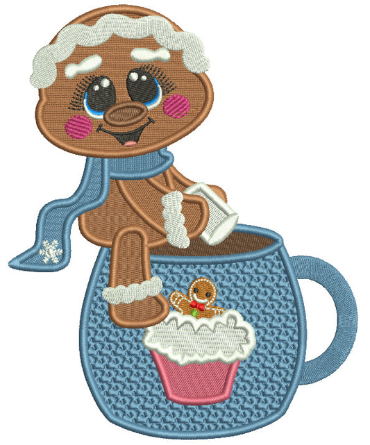 Gingerbread Man Sitting On The Cup Of Hot Cocoa Christmas Filled Machine Embroidery Design Digitized Pattern