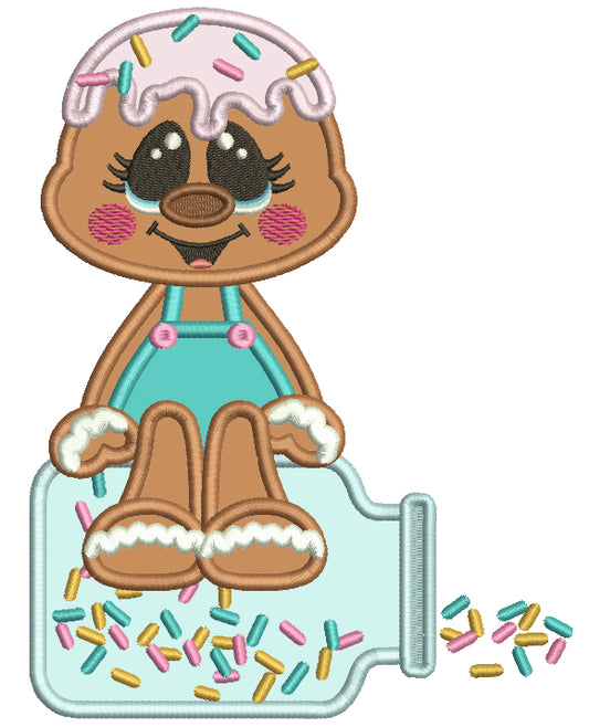 Gingerbread Man Sitting On Top Of Jar Applique With Sprinklers Applique Machine Embroidery Digitized Design Pattern