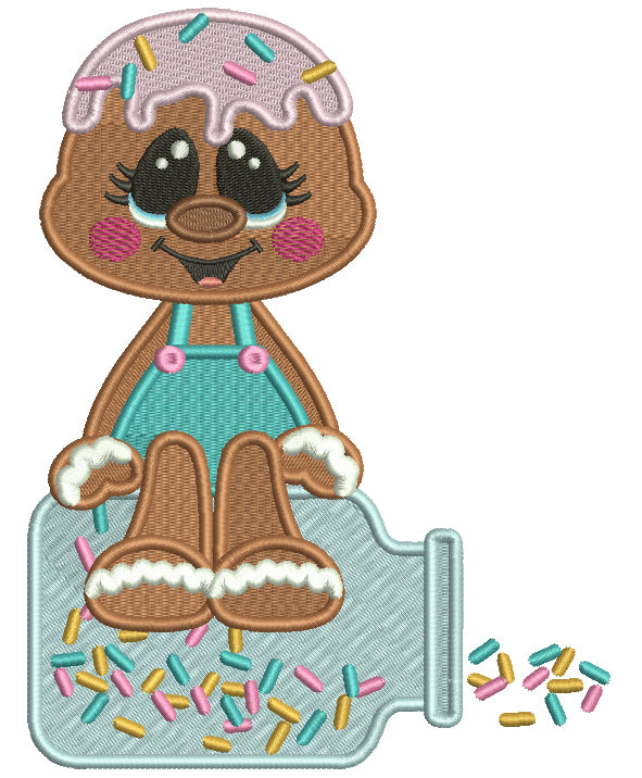 Gingerbread Man Sitting On Top Of Jar Filled With Sprinklers Filled Machine Embroidery Digitized Design Pattern