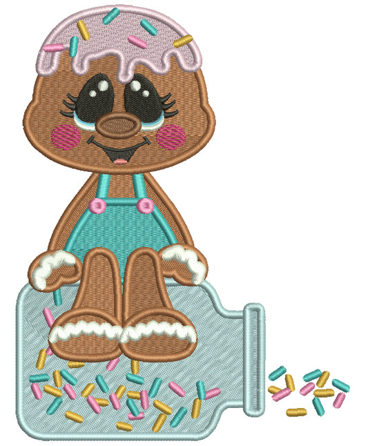 Gingerbread Man Sitting On Top Of Jar Filled With Sprinklers Filled Machine Embroidery Digitized Design Pattern