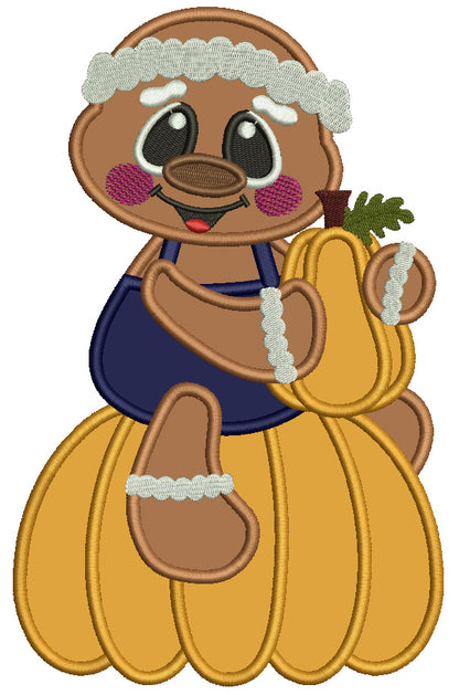 Gingerbread Man Sitting On the Big Pumpkin And Holding a Small Pumpkin Fall Applique Machine Embroidery Design Digitized Pattern