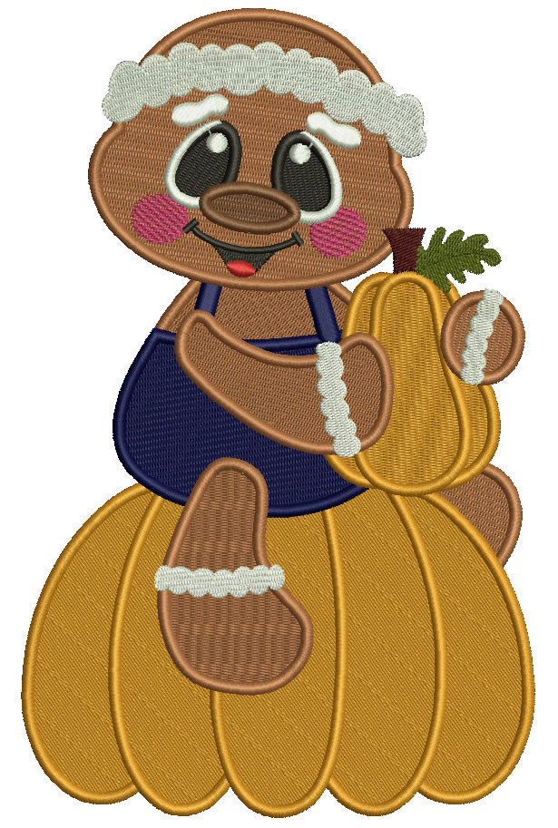 Gingerbread Man Sitting On the Big Pumpkin And Holding a Small Pumpkin Fall Filled Machine Embroidery Design Digitized Pattern