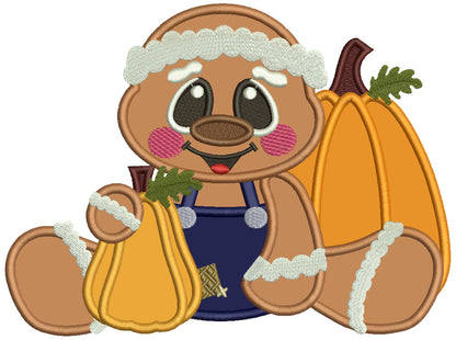 Gingerbread Man Sitting With Two Pumpkins Thanksgiving Applique Machine Embroidery Design Digitized Pattern
