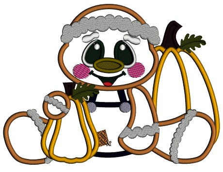 Gingerbread Man Sitting With Two Pumpkins Thanksgiving Applique Machine Embroidery Design Digitized Pattern