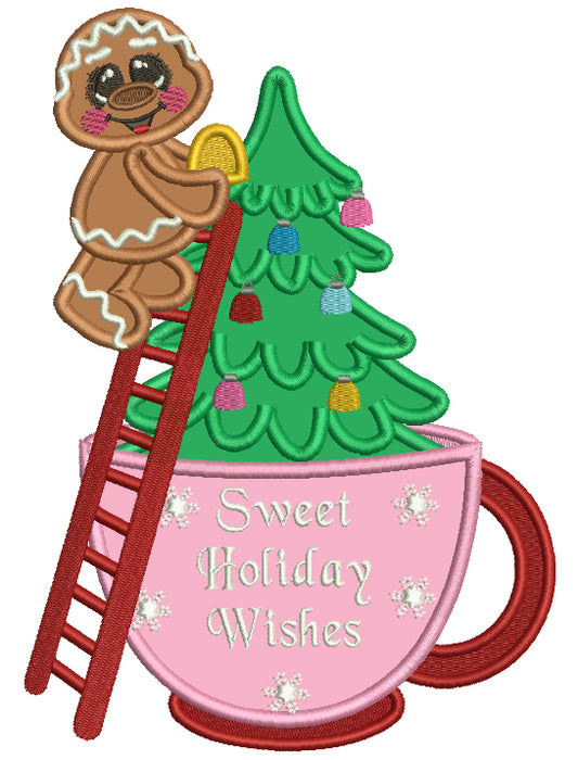 Gingerbread Man Standing On a Ladder Decorating Christmas Tree Applique Machine Embroidery Design Digitized Pattern