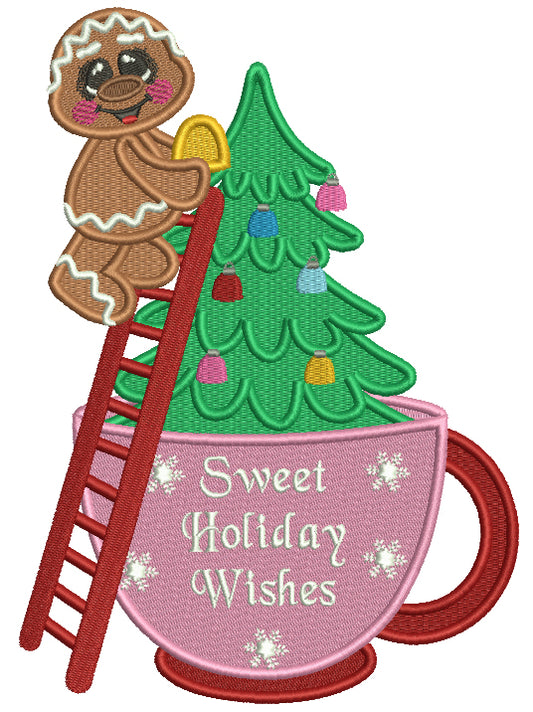 Gingerbread Man Standing On a Ladder Decorating Christmas Tree Filled Machine Embroidery Design Digitized Pattern