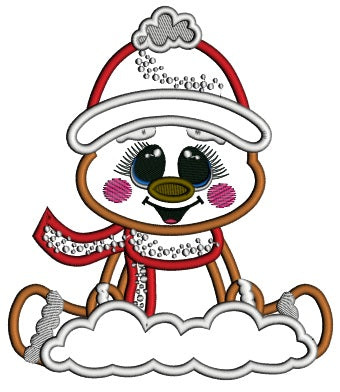 Gingerbread Man Wearing Winter Scarf Sitting In The Snow Christmas Applique Machine Embroidery Design Digitized Pattern