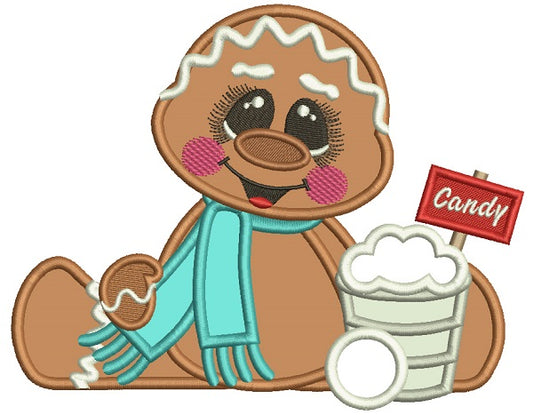 Gingerbread Man Wearing a Scarf With Snow Cone Applique Christmas Machine Embroidery Design Digitized Pattern