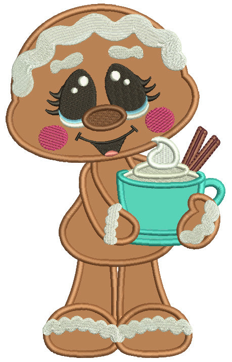 Gingerbread Man With Hot Chocolate Drink Christmas Applique Machine Embroidery Design Digitized Pattern