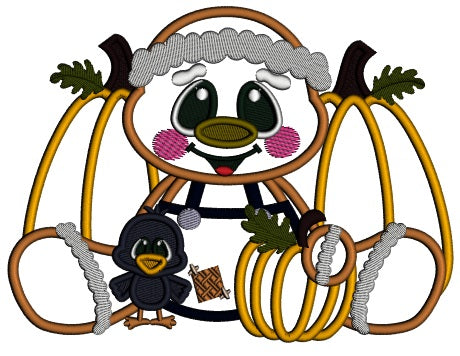 Gingerbread Man With a Little Crow Sitting Next To Pumpkins Thanksgiving Applique Machine Embroidery Design Digitized Pattern