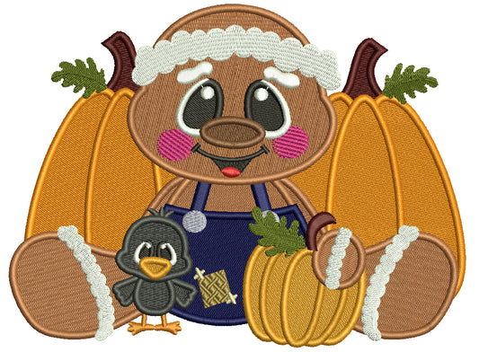 Gingerbread Man With a Little Crow Sitting Next To Pumpkins Thanksgiving Filled Machine Embroidery Design Digitized Pattern