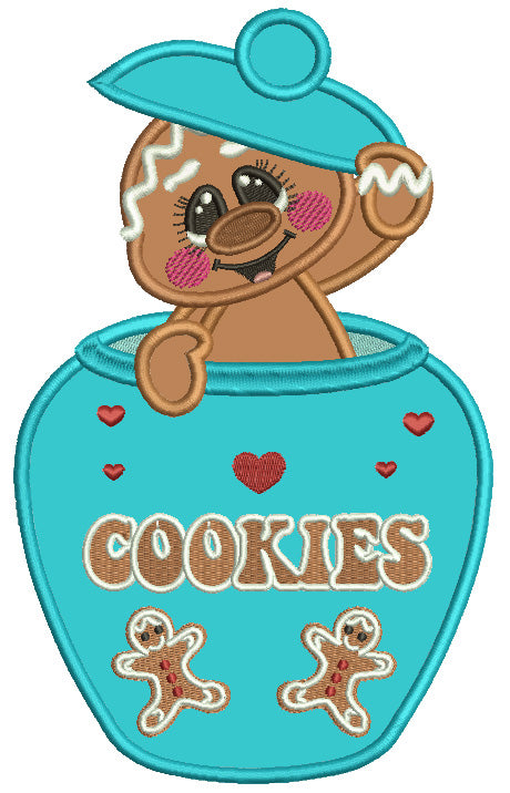 Gingerbread man Sitting Inside Cookies Jar Christmas Applique Machine Embroidery Design Digitized Pattern