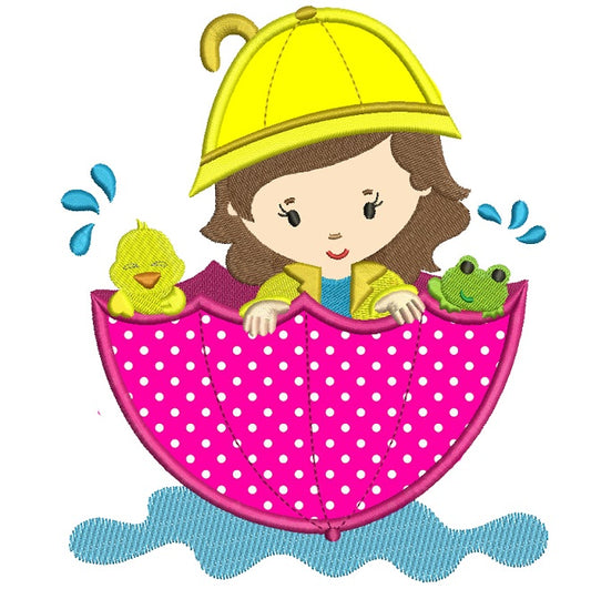 Girl And Chick In The Umbrella Floating In The Pond Applique Machine Embroidery Digitized Design Pattern