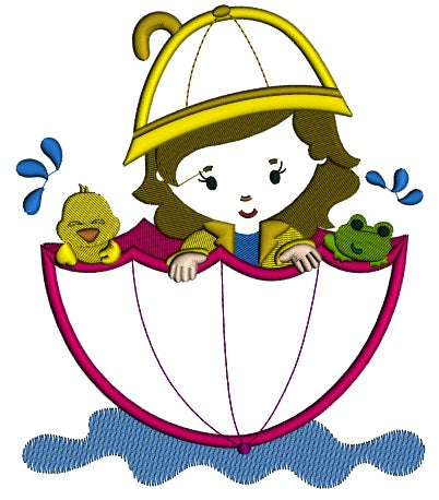 Girl And Chick In The Umbrella Floating In The Pond Applique Machine Embroidery Digitized Design Pattern