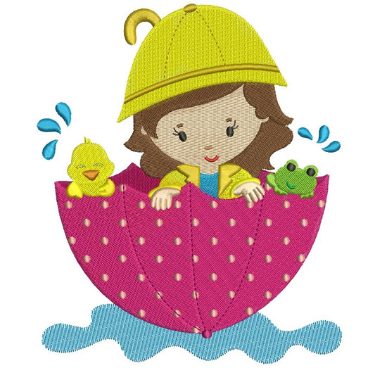 Girl And Chick In The Umbrella Floating In The Pond Filled Machine Embroidery Digitized Design Pattern
