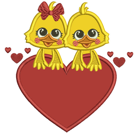 Girl And Boy Chicks Holding Big Heart Valentine's Day Applique Machine Embroidery Design Digitized Pattern