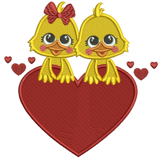 Girl And Boy Chicks Holding Big Heart Valentine's Day Filled Machine Embroidery Design Digitized Pattern