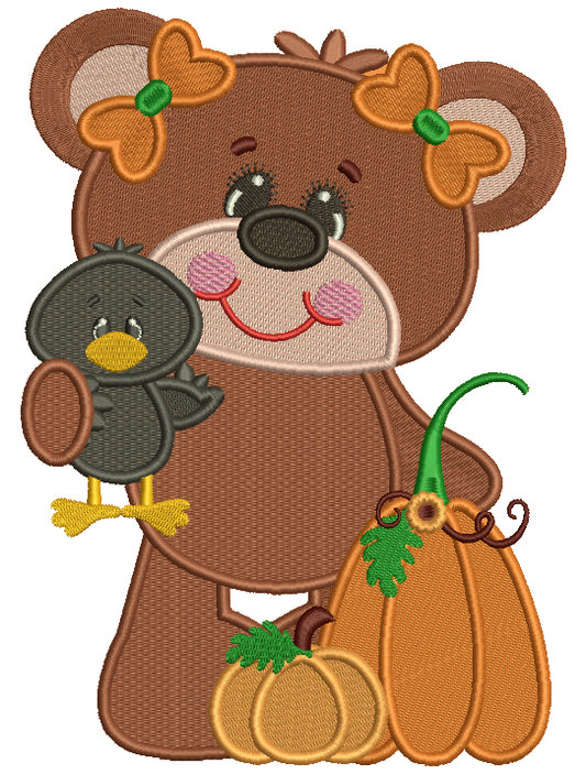 Girl Bear Holding a Bird Fall Thanksgiving Filled Machine Embroidery Design Digitized Pattern