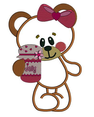 Girl Bear with a Jelly Jar Applique Machine Embroidery Digitized Design Pattern