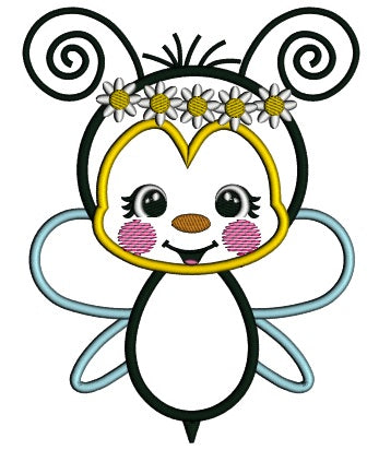 Girl Bee Wearing Floral Wreath Applique Machine Embroidery Design Digitized Pattern