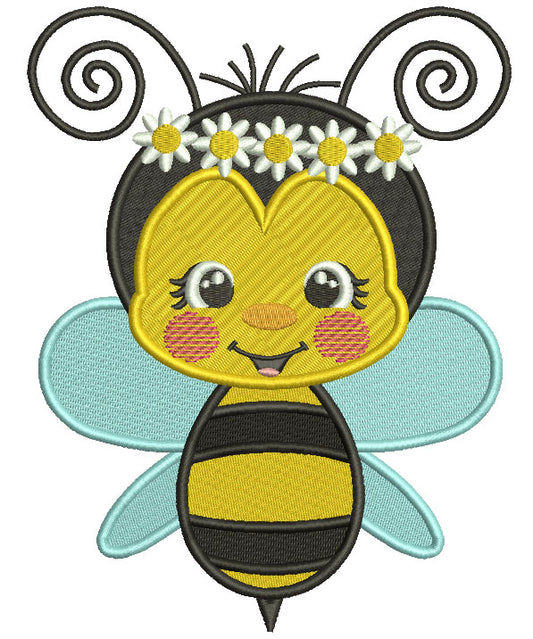 Girl Bee Wearing Floral Wreath Filled Machine Embroidery Design Digitized Pattern