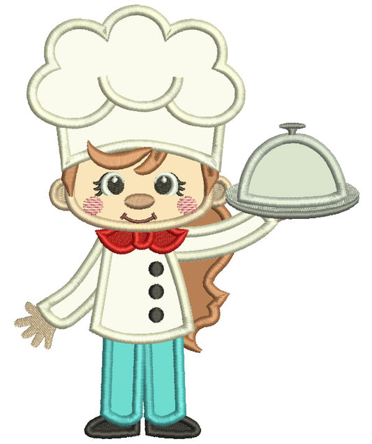 Girl Cook With a Red Bow Applique Machine Embroidery Design Digitized Pattern