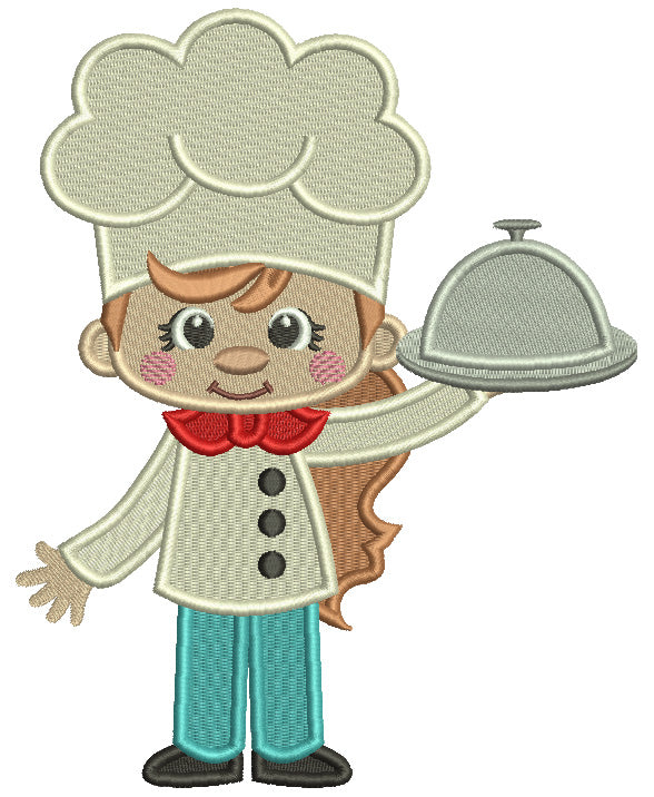 Girl Cook With a Red Bow Filled Machine Embroidery Design Digitized Pattern