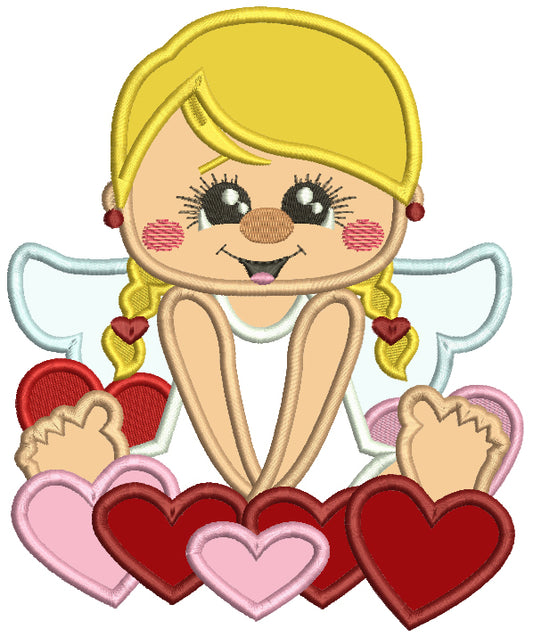 Girl Cupid With Hearts Applique Machine Embroidery Design Digitized Pattern